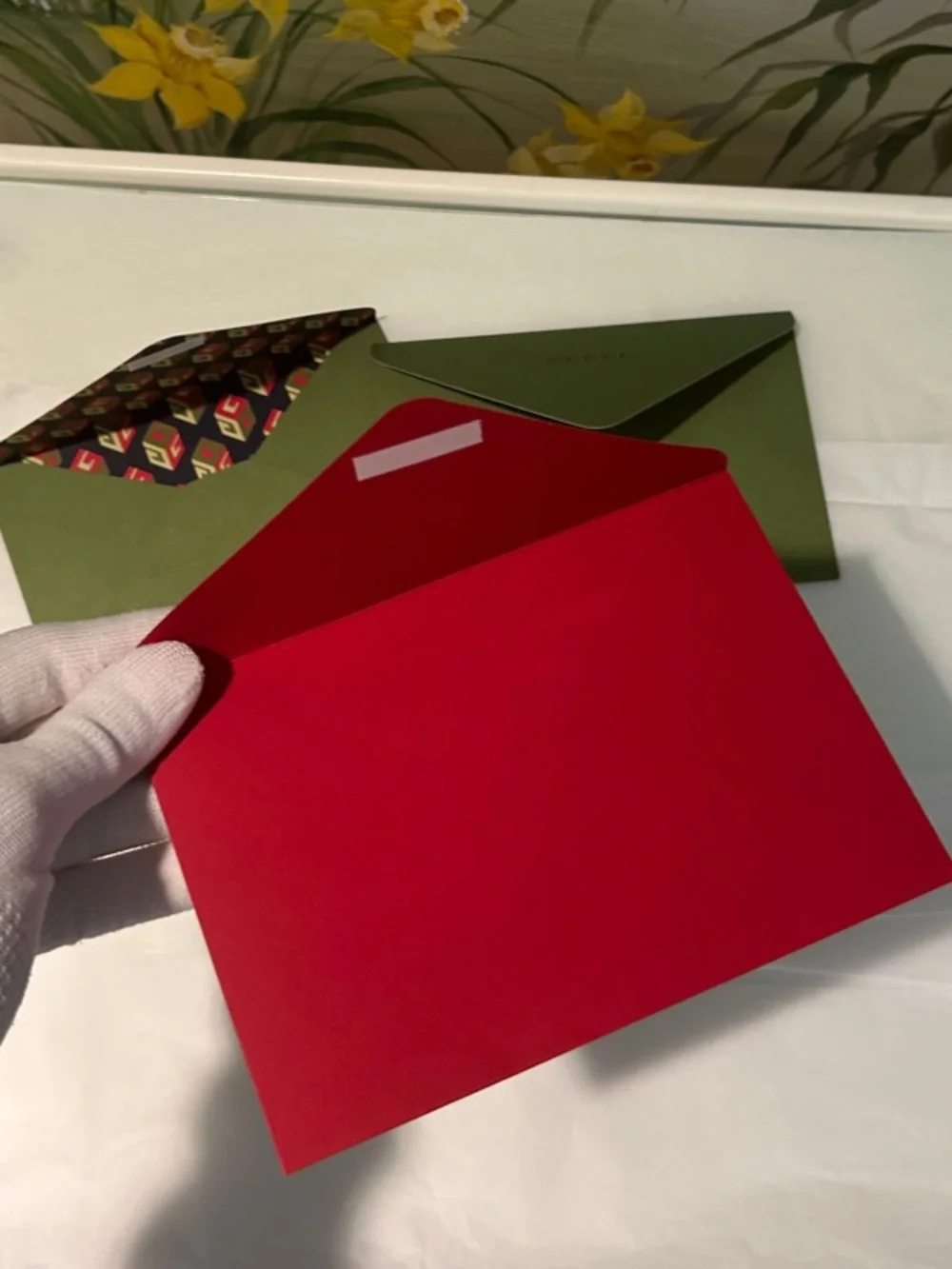 Authentic Gucci Collectible Green/Red Logo Embossed Presentation Envelope Trio.